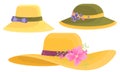 Illustration depicting various designs of womens hats. Women's hats with decor isolated on white background. Summer hats