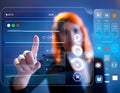 User interface UI design, including buttons, sliders, icons, and menus on a digital screen, symbolizing user experience, digital