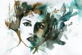 Illustration depicting a watercolor portrait of a staring woman Royalty Free Stock Photo