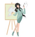 Illustration depicting a young elegant woman smoking while drawing. Young woman by the easel with paints and palette Royalty Free Stock Photo