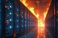 Illustration depicts burning server room. Data center supercomputer technology on fire. Flames destroy infrastructure. Server Royalty Free Stock Photo