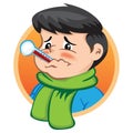 Illustration depicts a child character with thermometer in his mouth, sick, wearing winter clothing