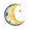 Illustration depicts colorful crescent moon surrounded stars spots. Moon artwork suitable children