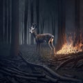 Illustration depicts a deer in a dark forest with a fire burning in close proximity