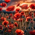 planes flying over a poppy field as the sun goes down Remembrance Day illustration