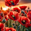 planes flying over a poppy field as the sun goes down Remembrance Day illustration