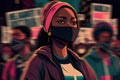 Illustration depicts the fight for equal rights, Black Lives Matter movement. A woman takes the lead, leading the demonstration