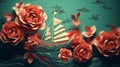 Illustration depicts flowers and a ship Royalty Free Stock Photo