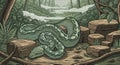 Green Tree Python Coiled on Rocks in a Lush Forest Illustration Art Royalty Free Stock Photo