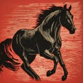 Bold Woodcut-inspired Black Horse Running On Red Background