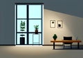 Illustration of a Modern Office With a big Window and with Cozy Accents and Plants Royalty Free Stock Photo