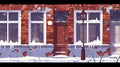 This illustration depicts an old apartment house facade at winter, with classic white window frames and cracks on a red Royalty Free Stock Photo