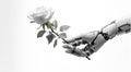 The illustration depicts a robotic hand delicately holding a beautiful flower