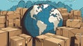 The illustration depicts the seamless delivery of packages worldwide, with a globe surrounded by cardboard boxes Royalty Free Stock Photo