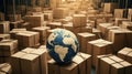 The illustration depicts the seamless delivery of packages worldwide, with a globe surrounded by cardboard boxes Royalty Free Stock Photo