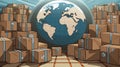 The illustration depicts the seamless delivery of packages worldwide, with a globe surrounded by cardboard boxes Royalty Free Stock Photo