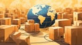 The illustration depicts the seamless delivery of packages worldwide, with a globe surrounded by cardboard boxes Royalty Free Stock Photo