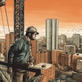 Skilled Construction Worker Operating Crane with City Skyline