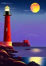 Illustration of A Majestic Red Lighthouse on Rocky Cliff in Full Moon Coastal Night Scene