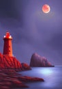 Majestic Red Lighthouse Illuminating Fast Seas Under Full Moon - Nighttime Illustration