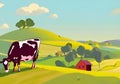 Illustration of a Rustic Farmhouse, a Grazing Cow, and Rolling Green Hills with a Clear Blue Sky and Fluffy White Clouds