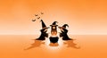 Halloween Witches, Cauldron, and Bats Illustration. Spooky Halloween Night Background. Royalty Free Stock Photo