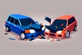 The illustration depicts a traffic accident between two cars at a crossroad or street, resulting in front bumper damage