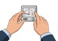 Illustration depicts two hands adjusting a dial on an analog meter. Royalty Free Stock Photo
