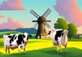 Colorful idyllic countryside Illustration of Grazing Cows, Windmill, and Blue Sky on Lush Farmland