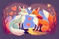 Illustration depicts wolf and fox couple love with little hearts in forest for Valentine\'s