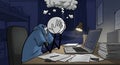 Overworked Stickman Programmer Depressed with Dark Cloud Above Head with Papers Stacked High Royalty Free Stock Photo