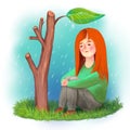 Illustration of a depressed teenage girl sitting in the rain and sheltering from the rain under a tree leaf symbolizing the last