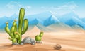 Illustration of desert with cactus on a background of mountains