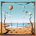 an illustration of a desert scene with balloons floating in the air Royalty Free Stock Photo