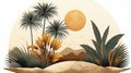 an illustration of a desert scene with palm trees and mountains Royalty Free Stock Photo