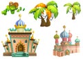 Illustration: Desert Theme Elements Design Set 3. Game Assets. The House, The Tree, The Cactus, The Stone Statue.