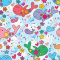 Whale like airplane flower smile seamless pattern Royalty Free Stock Photo