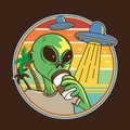 Illustration design alien drink coffee at beach in flat cartoon style