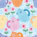 Bird watering can flower seamless pattern