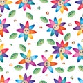 Cartoon leaf butterfly flower smile colorful petal seamless pattern Royalty Free Stock Photo