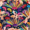 Chalk rainbow Japan crane fan seamless pattern