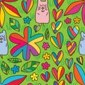 Cat flower cute green land seamless pattern Royalty Free Stock Photo