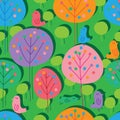 Bird tree colorful drawing green seamless pattern