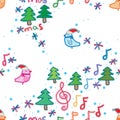 Bird Xmas music note space white seamless pattern Royalty Free Stock Photo