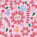 Cat flower bird love seamless pattern Royalty Free Stock Photo