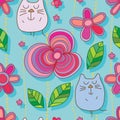 Cat flower line style line seamless pattern Royalty Free Stock Photo