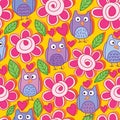 Owl flower leaf silly cute orange seamless pattern Royalty Free Stock Photo