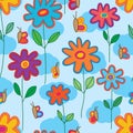 Flower line butterfly cloud sky seamless pattern Royalty Free Stock Photo