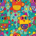 Flower owl cute colorful seamless pattern Royalty Free Stock Photo