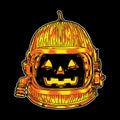 Illustration design of halloween pumpkin character with astronaut helmet in black background